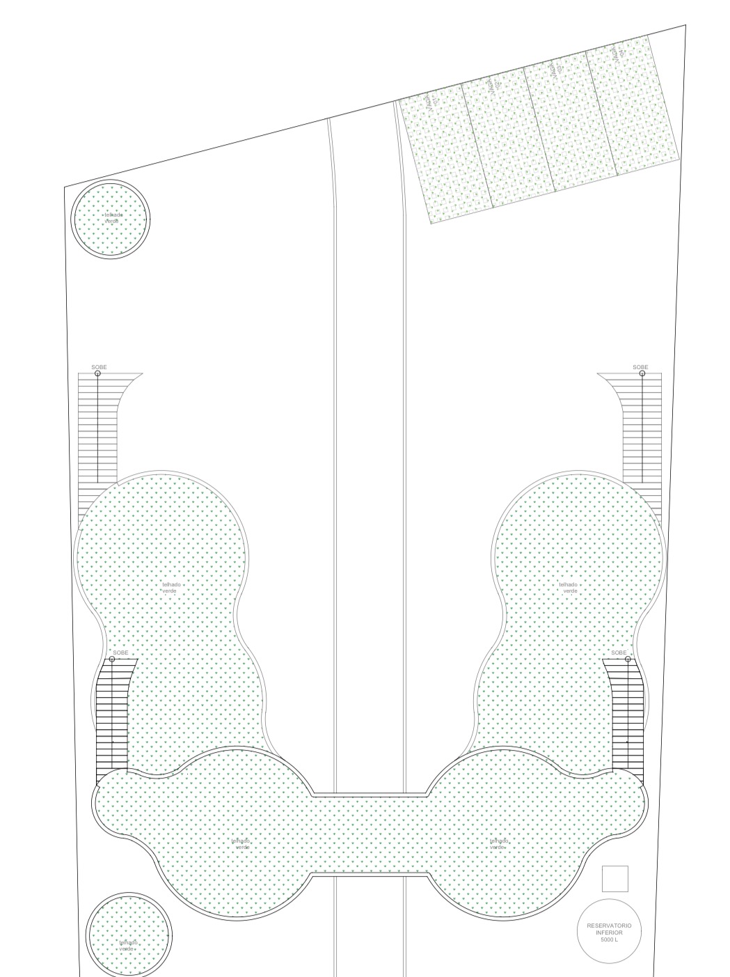 Planta baixa do Jardim Candeia — layout do terreno na Rua Candeia mostrando pavilhões circulares de 6m e 12m de diâmetro, corredor central de acesso, área de jardim público e estacionamento, Vale do Capão, Bahia.