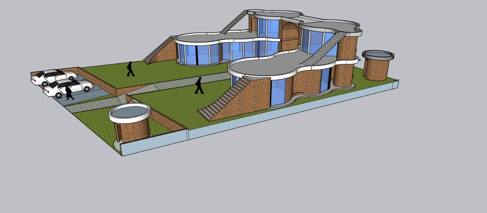 Render aéreo isométrico do Jardim Candeia mostrando conjunto completo de pavilhões, escadarias, jardins e estacionamento, Vale do Capão, Chapada Diamantina, Bahia.