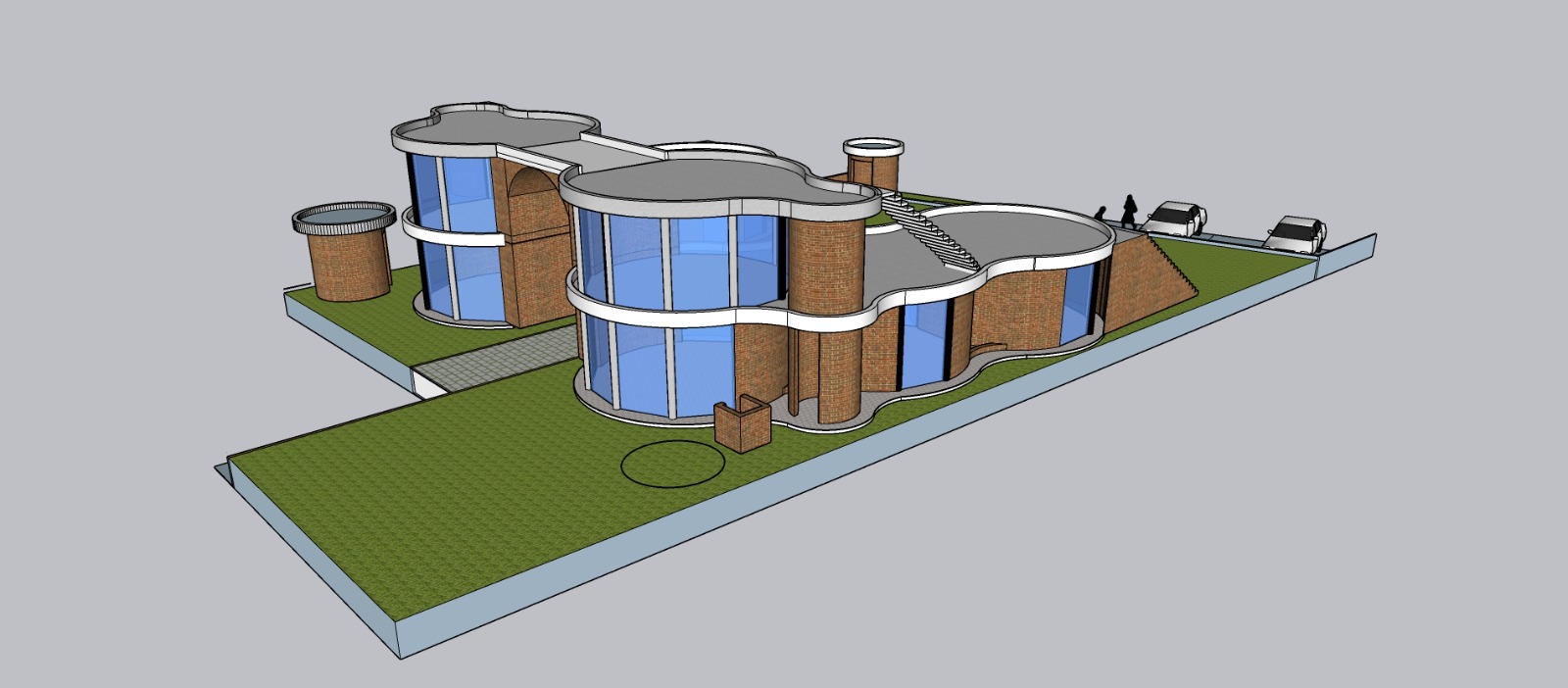 Render aéreo do Jardim Candeia — perspectiva lateral destacando a volumetria dos pavilhões circulares de vidro e tijolo aparente, Vale do Capão, Bahia.